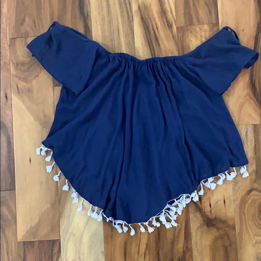 Off-Shoulder Navy Tassel Hem Women's Blouse